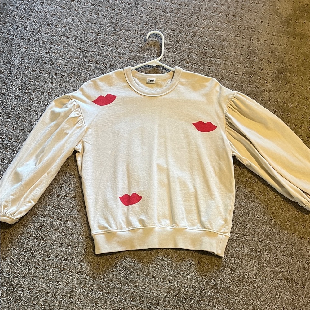 Clare V from Anthropologie Drop Shoulder Cream Sweatshirt with Red Lips